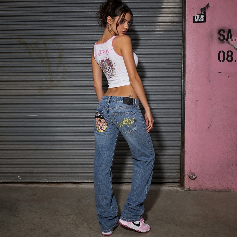 Ed Hardy Blue Jeans with Embroidered Designs.
